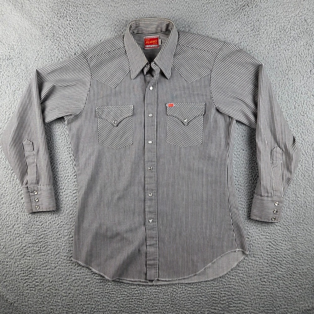 Vintage Ely Plains Western Shirt‎ Mens 16 - 34 Gray Striped Pearl Snap Cowboy